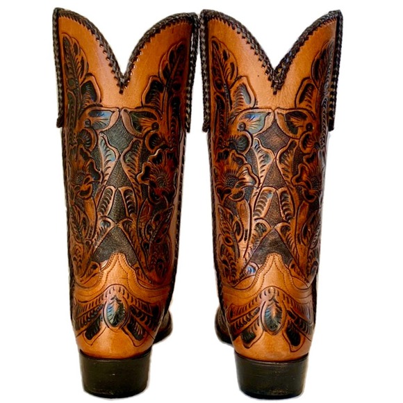 Custom Handmade Tooled Leather Brown Cowboy Western Boots Men’s 8 E Women’s 10 - Picture 4 of 8